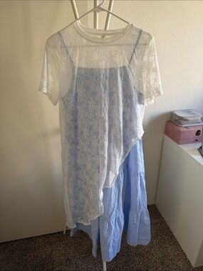 Blue Gingham Dress with Sheer White Lace Overlay